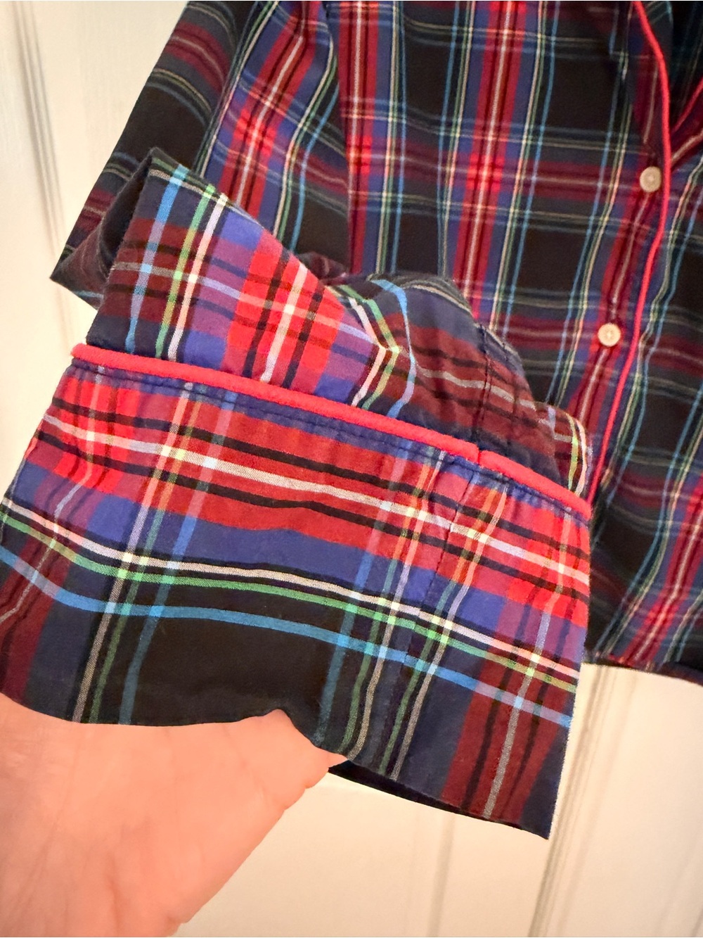 J. CREW M Red Black Plaid Pajama Top Piping Button-Up Cotton Poplin - Picture 3 of 12